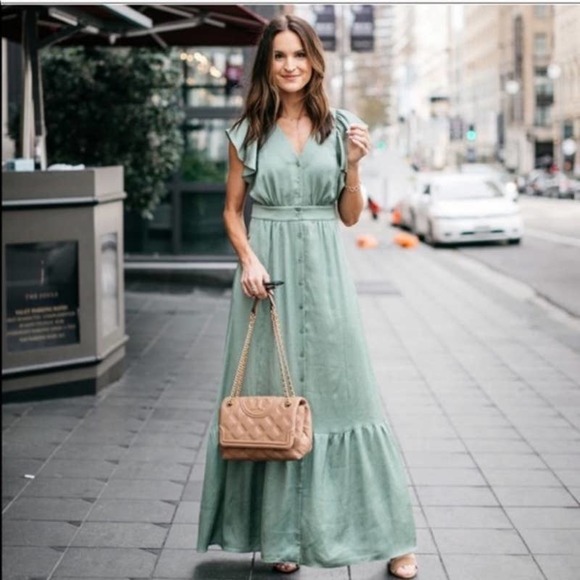 Gal Meets Glam Dresses & Skirts - Gal Meets Glam Torey Ruffle Satin Maxi Dress Sage Green Button Down Women's 6